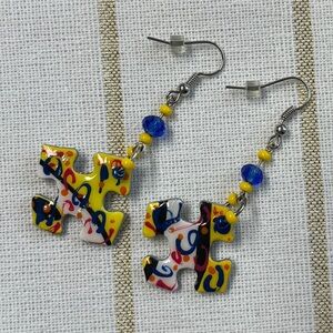 Earrings- Puzzle piece, painted, w/ beads, sealed, lightwt, NEW, 2.25”L  Fun!